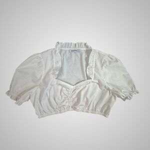 Jasambac White Cropped Peasant Blouse Dirndl Top Ruffle Puffy Sleeve Large
